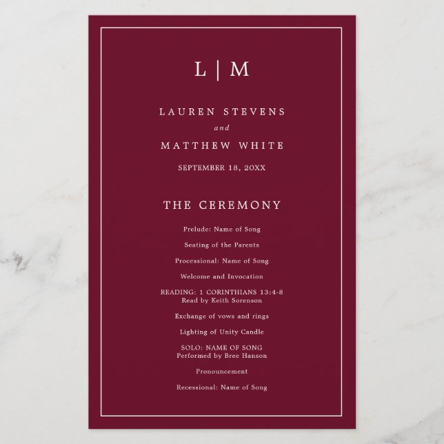 Programa de Casamento Elegante com Monograma em Bo (Frente)
