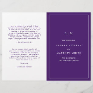 Programa de Casamento Elegante com Monograma Roxo