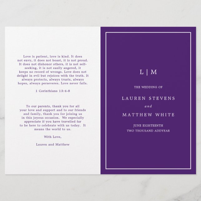 Programa de Casamento Elegante com Monograma Roxo  (Frente)