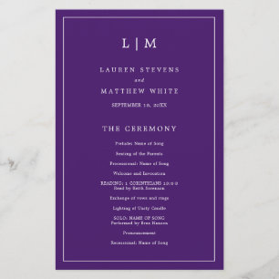 Programa de Casamento Elegante com Monograma Roxo