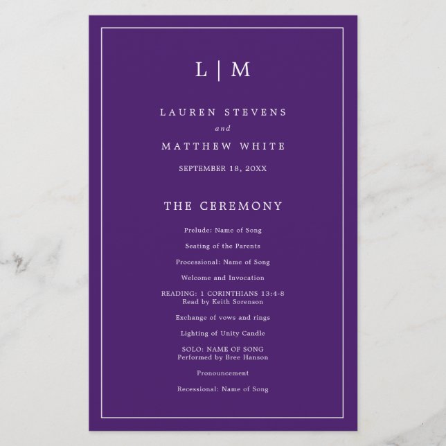 Programa de Casamento Elegante com Monograma Roxo  (Frente)