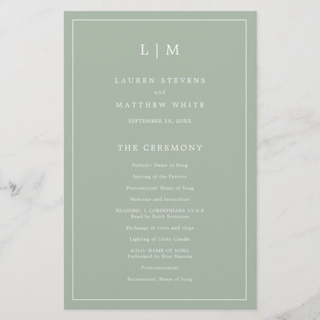 Programa de Casamento Elegante com Monograma Verde (Frente)