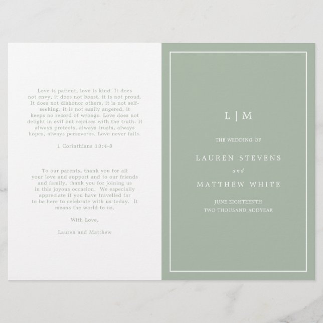 Programa de Casamento Elegante com Monograma Verde (Frente)