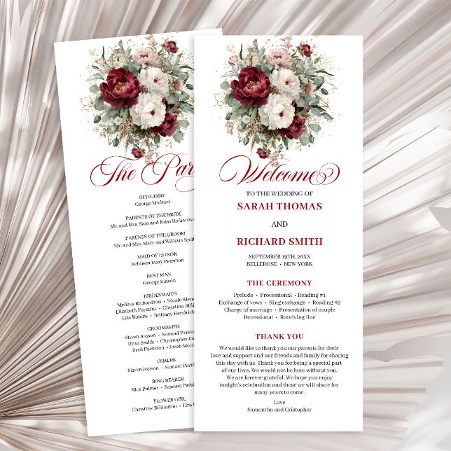 Programa de Casamento Elegante com Vegetação e Blu (Stylish Blush Burgundy Greenery Wedding Program)