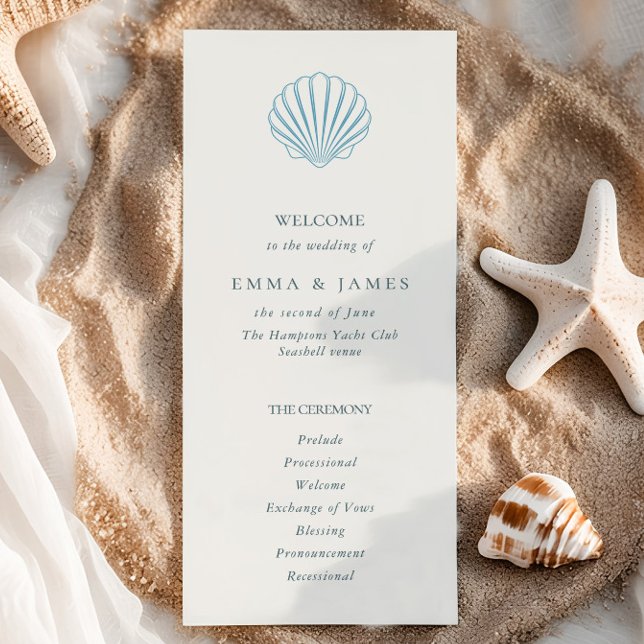 Programa de Casamento Elegante Concha do Mar Azul  (Elegant Coastal Blue Seashell Wedding Program)