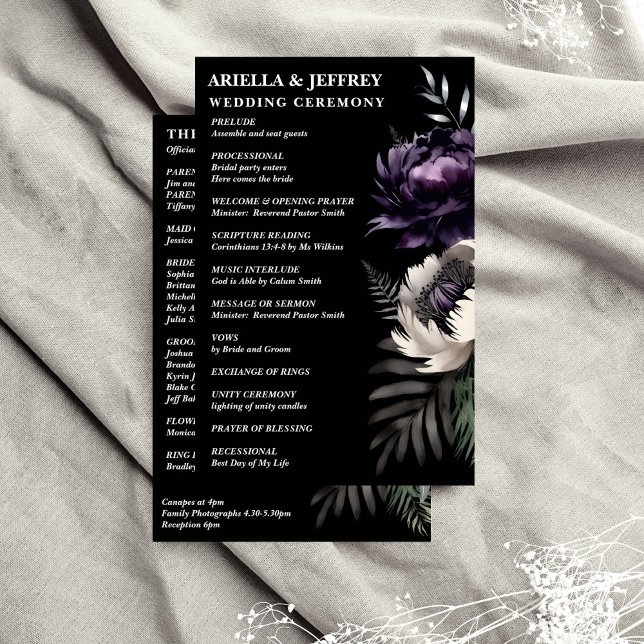 Programa de casamento elegante, de cor escura (Dark moody boho elegant wedding program purple peonies black background order of evens program)