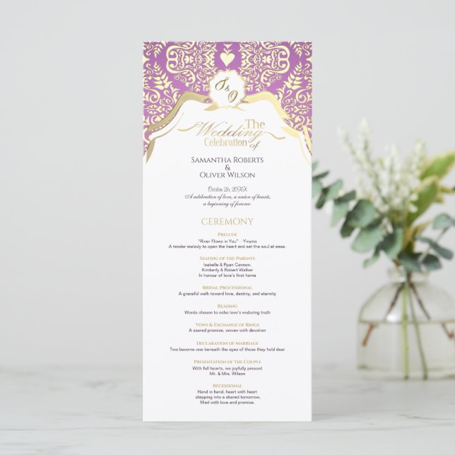 Programa de casamento elegante de cor rosa e ouro (Em pé/Frente)