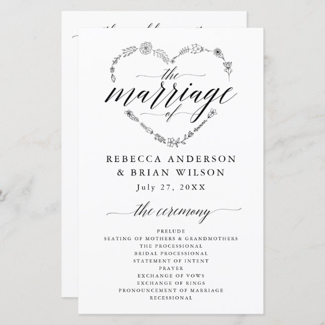 Programa de Casamento Elegante de Script de Caligr (Frente/Verso)