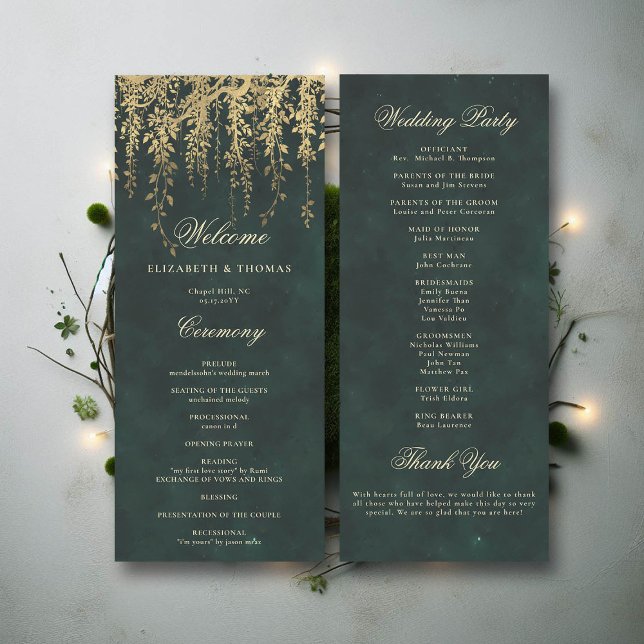 Programa de Casamento Elegante de Vinha Dourada Fl (wedding program ceremony card enchanted forest fairytale gold vines calligraphy)