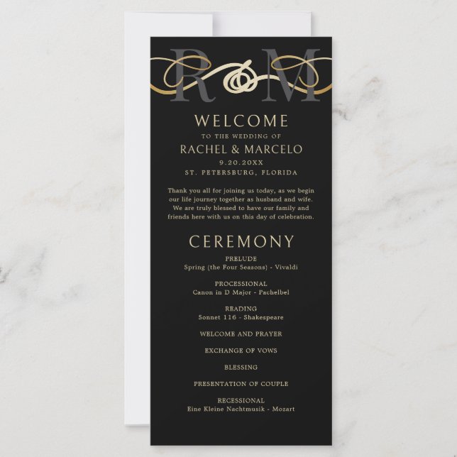 Programa de Casamento Elegante Dourado de Monogram (Frente)