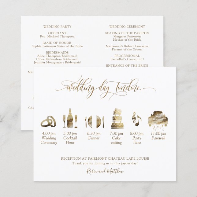 Programa de Casamento Elegante e Linha do Tempo em (Frente/Verso)