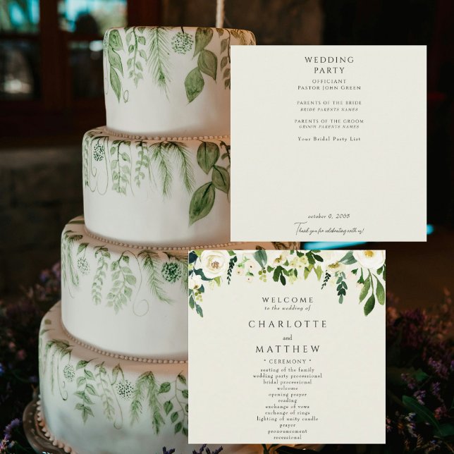 Programa de Casamento Elegante Floral Branco Creme (Criador carregado)