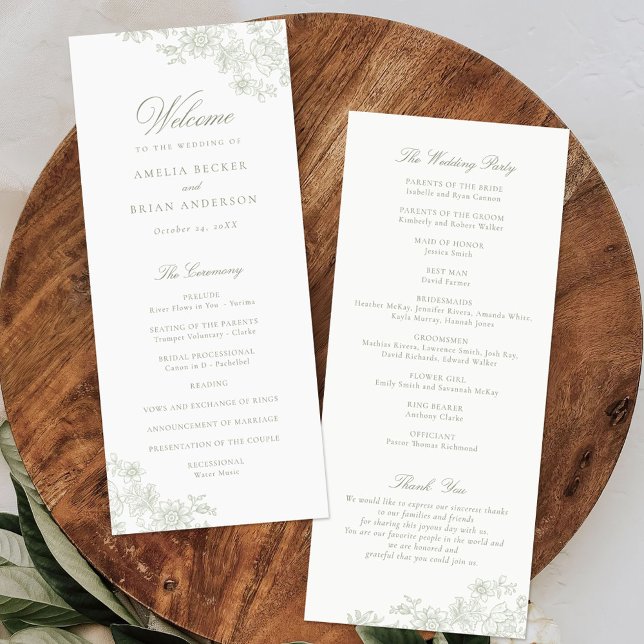 Programa de Casamento Elegante Floral Vintage Verd (Criador carregado)