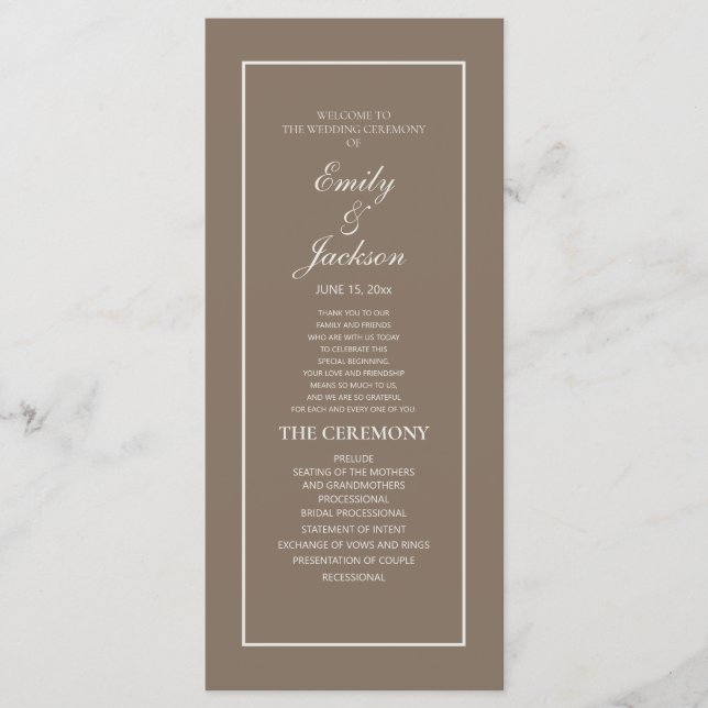 Programa de Casamento Elegante Marrom Creme Script (Frente)