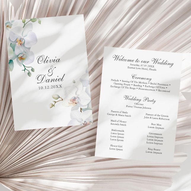 Programa de Casamento Elegante Moderno com Orquíde (Modern Eleganta White Orchids Wedding Program on a sunny white dry palm leaf.)