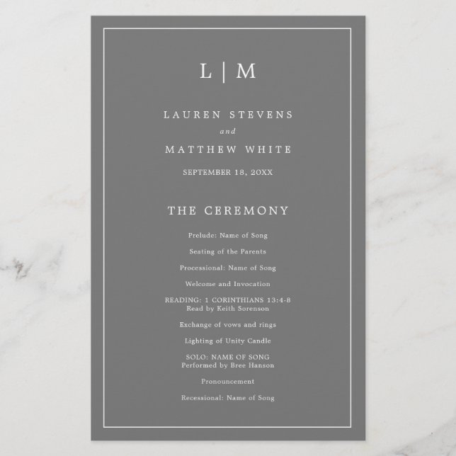 Programa de Casamento Elegante Monograma Cinza Esc (Frente)