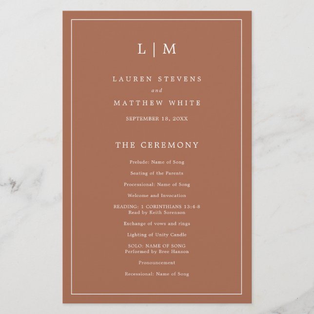 Programa de Casamento Elegante Monograma de Terrac (Frente)