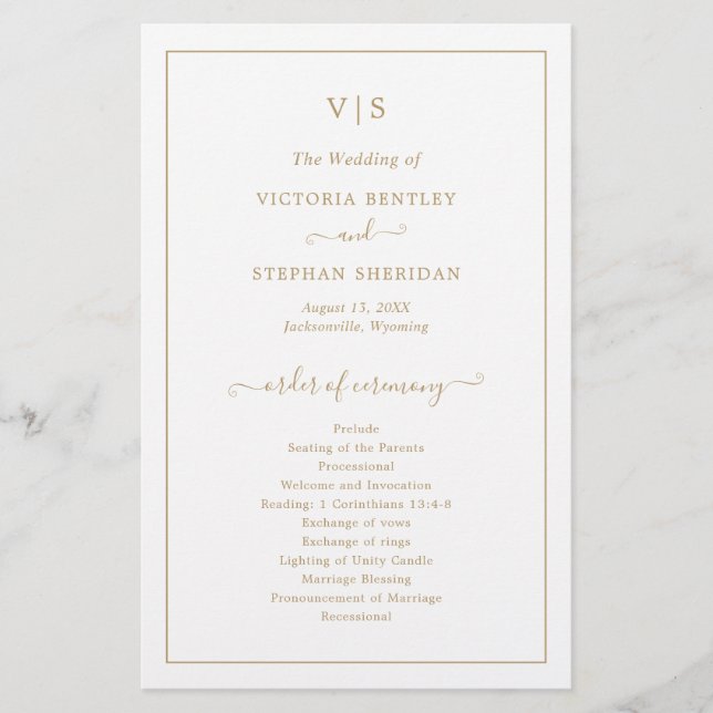 Programa de Casamento Elegante Monograma Dourado T (Frente)