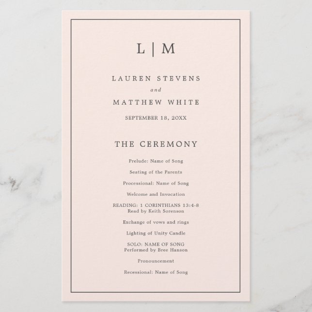 Programa de Casamento Elegante Monograma Rosa Simp (Frente)