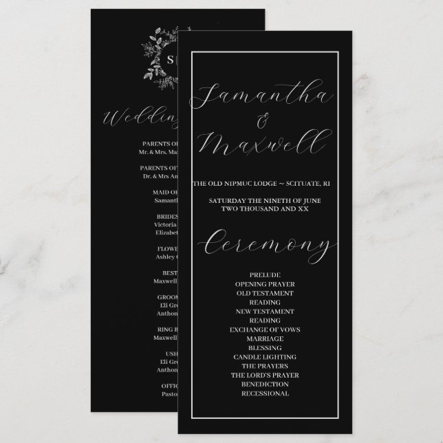 Programa de Casamento Elegante Negro de Luxo (Frente/Verso)