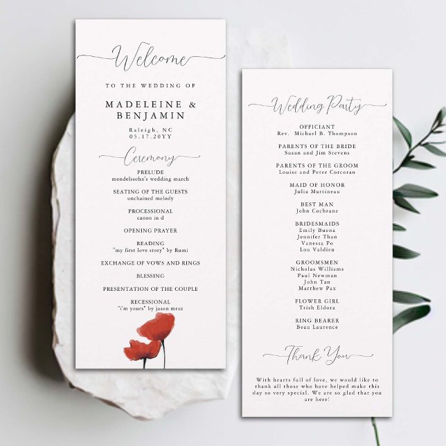 Programa de Casamento Elegante para Poppies Vermel (wildflower poppies summer wedding ceremony program elegant art modern classic formal traditional)