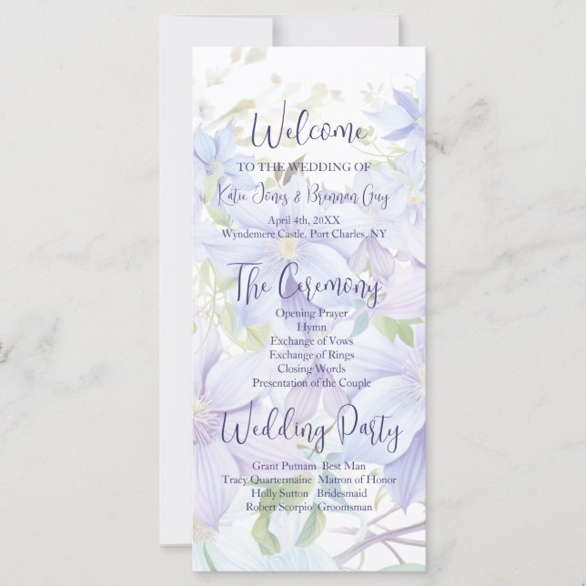 Programa de Casamento Elegante Periwinkle Clematis (Frente)