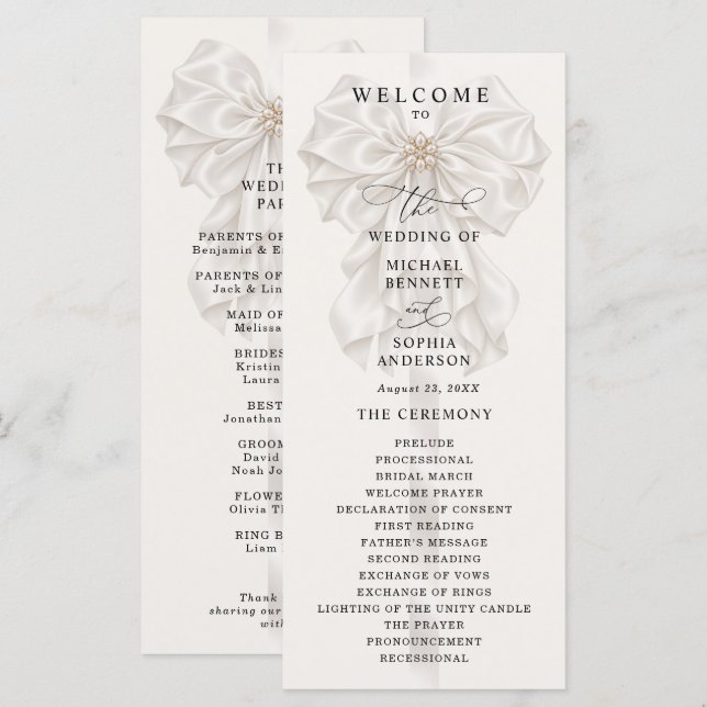 Programa de Casamento Elegante Pérola com Laço de  (Frente/Verso)