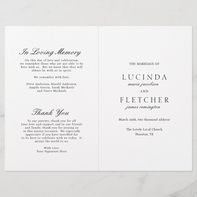Programa de Casamento Elegante Preto e Branco Old  (Frente)