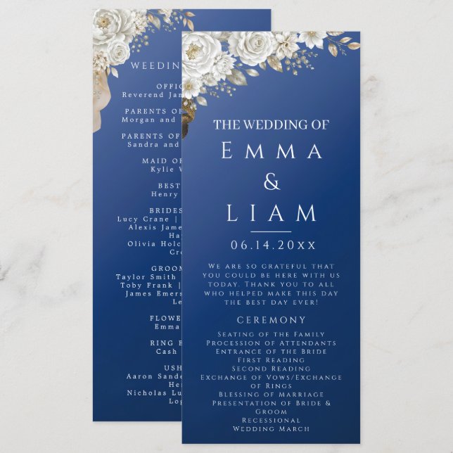 Programa de Casamento Elegante Rosa Branca Azul Na (Frente/Verso)