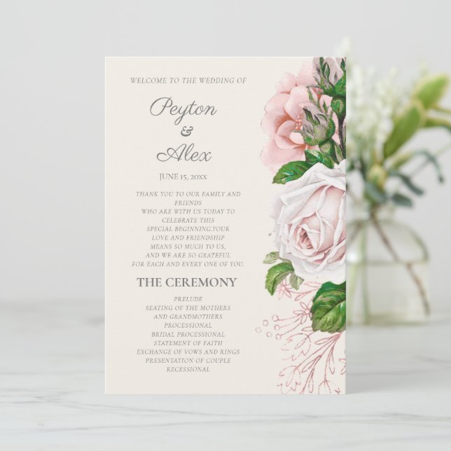 Programa de Casamento Elegante Rosa Floral Creme (Em pé/Frente)