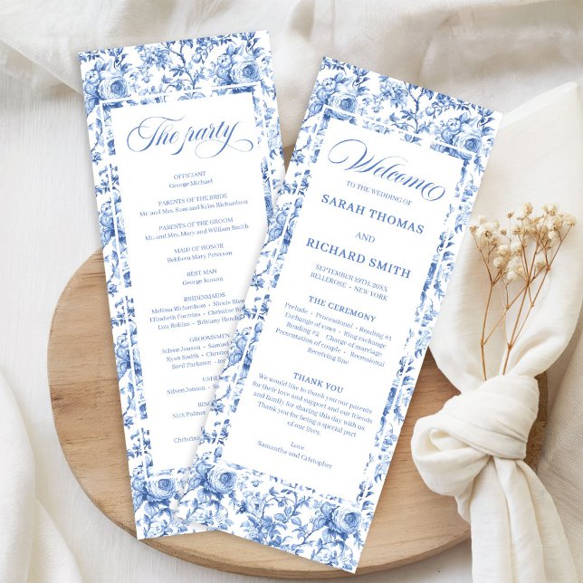 Programa de Casamento Elegante Rosas Azuis Toile d (Elegant Blue Roses French Toile Wedding Program)