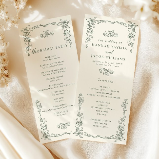 Programa de Casamento Elegante Vintage Verde Salvi (Criador carregado)