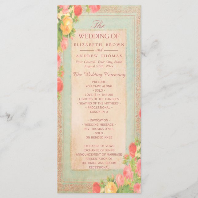 Programa de Casamento Elegantes Rosas Vintage (Frente)