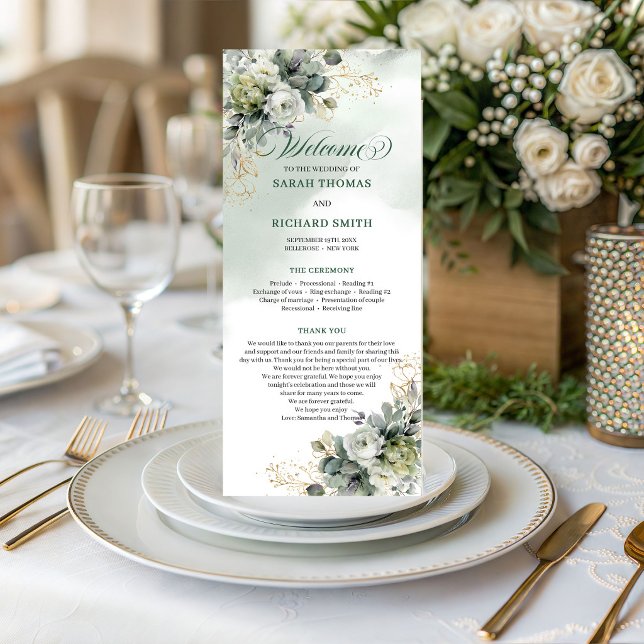 Programa de Casamento em Aquarela Eucalipto Ouro V (Green Gold Watercolor Eucalyptus Wedding Program)