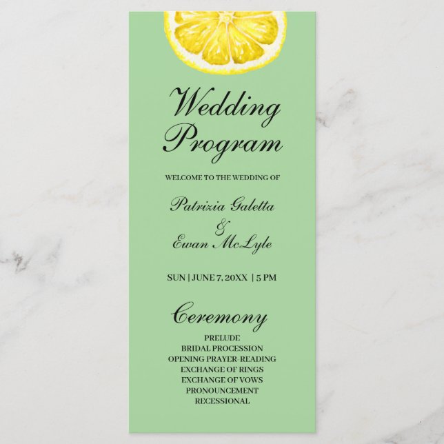 Programa de casamento em aquarela limão 4x9 flat (Frente)