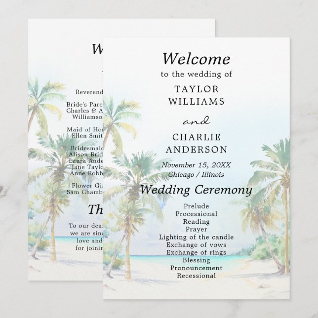 Programa de Casamento em Destino de Praia Tropical (Frente/Verso)