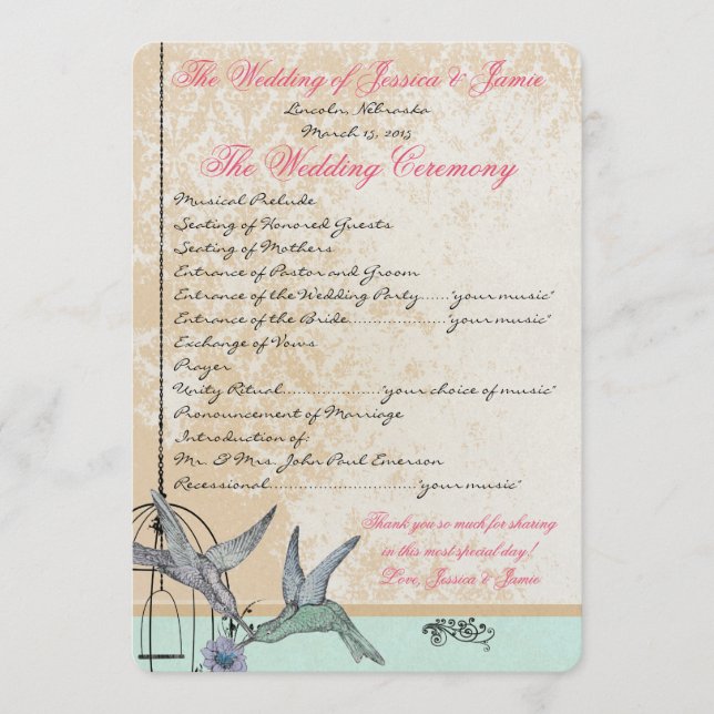 Programa de Casamento em Gaiola de Pássaros Vintag (Frente)