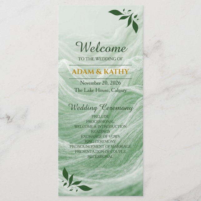 Programa de Casamento em Mármore Verde Salvia e Ou (Frente)
