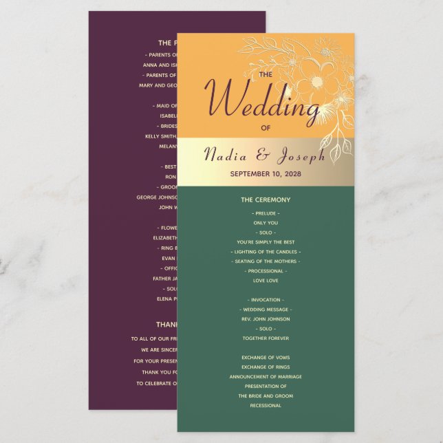 Programa de Casamento em Tons de Joia (Frente/Verso)