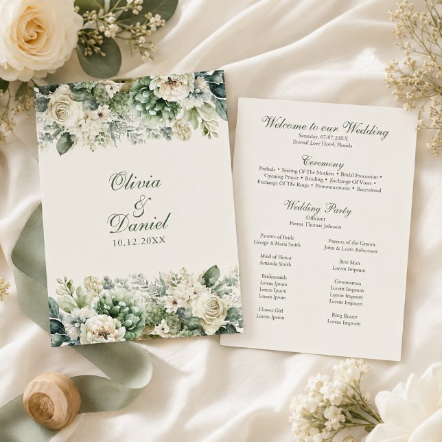 Programa de Casamento em Verde Salvia e Flor Silve (Boho Sage Green and Ivory Flowers Wedding Program with wedding decor and white flowers)