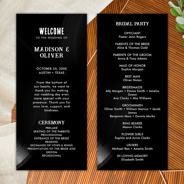 Programa de Casamento em Vinil Preto e Branco Retr (Front/Back)