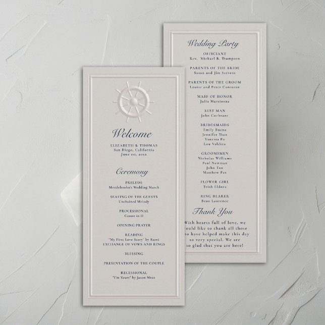 Programa de Casamento Emboscada Emboscada de Helm  (coastal nautical wedding program faux embossed boat helm double frame modern classic navy ivory)