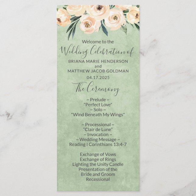 Programa de Casamento Flor Beige Rosa Verde Sage (Frente)