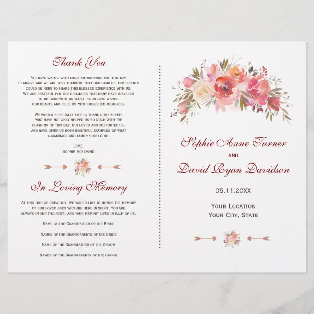 Programa de Casamento Floral Antílope Marsala Borg (Frente)