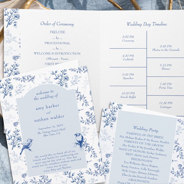 Programa de Casamento Floral Azul Chinoiserie Eleg (Folded Wedding Program - 4 sides, from Chinoiserie Wedding Collection by Darling & May)