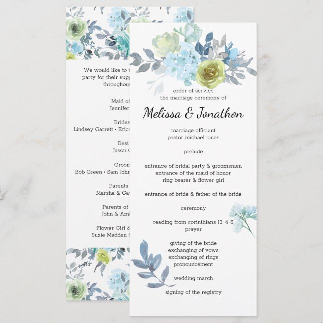 Programa de Casamento Floral Azul Claro Amarelo Ve (Frente/Verso)