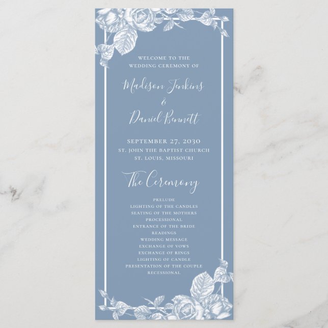 Programa de Casamento Floral Azul Empoeirado (Frente)