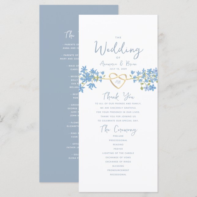 Programa de Casamento Floral Azul Empoeirado (Frente/Verso)