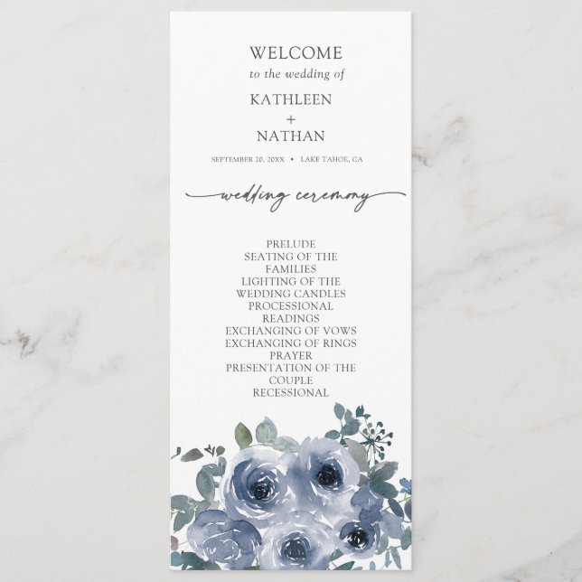 Programa de Casamento Floral Azul Empoeirado (Frente)