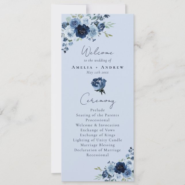Programa de Casamento Floral Azul Poente Rosa Azul (Frente)